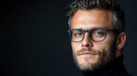 Confident mature Caucasian man with glasses and gray hair wearing black shirt against dark background, dramatic side lighting creates professional portrait atmosphere.