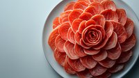Fresh salmon sashimi arranged in delicate rose flower pattern on white ceramic plate, creative Japanese cuisine presentation against gray background.