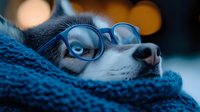 Adorable puppy wearing blue glasses wrapped in cozy knit blanket with warm bokeh lights creating peaceful atmosphere for pet care and comfort concepts.