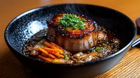 Juicy grilled beef tenderloin steak with glazed carrots and mushrooms in rich brown sauce, garnished with fresh herbs, served in black ceramic bowl.