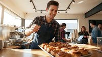 Male chef with medium complexion in casual plaid shirt and apron drizzling sauce over freshly baked bread in bright kitchen studio with colleagues and natural lighting for culinary content.
