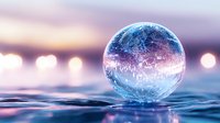 Frozen soap bubble on water surface with delicate ice crystals forming intricate patterns against blurred bokeh background in pink and purple winter sunset.
