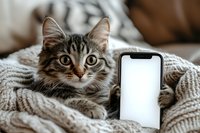 Tabby cat with wide eyes lying on knitted blanket next to smartphone with blank screen, creating cozy home atmosphere for technology and pet concepts.