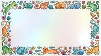 Colorful hand-drawn cats, fish, and toys frame a blank center space. Whimsical border design with playful animals in green, orange, and blue tones. Perfect for children's invitations, greeting cards, posters, and creative projects needing decorative framing elements.