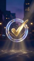 Golden checkmark in glowing glass circle floating above city street at twilight for business success and approval concepts.