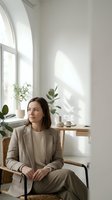 Young professional woman in beige blazer sitting thoughtfully by window in minimalist office space with natural light and plants for business concepts.