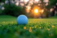 White golf ball on green grass at sunset with beautiful bokeh effect and sun flare, perfect for sports marketing and golf club advertising materials.