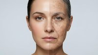 Woman face showing aging process with wrinkles and age spots on half of skin, skincare treatment concept for anti-aging cosmetics and dermatology.