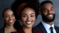 Professional African American businesswoman with curly hair smiling confidently with diverse team colleagues in corporate office environment for leadership success.