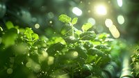 Young green plant sprout growing in morning sunlight with water drops and bokeh effect, macro nature photography showing fresh spring growth and natural awakening.