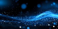 Glowing blue wave with sparkling particles and bokeh effects on dark background creates magical atmosphere for technology and science designs.