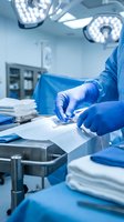 Surgeon in blue scrubs and gloves preparing surgical instruments on sterile table in modern operating room with bright medical lights for healthcare procedures.