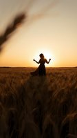 Woman in flowing dress dancing in golden wheat field at sunset, silhouetted against warm sky. Freedom and joy concept for lifestyle and nature themes.