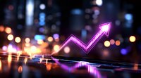 Glowing neon arrow chart trending upward against blurred city lights background with bokeh effect, representing financial growth and business success.