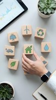 Hand selecting wooden blocks with eco-friendly icons including solar panel, wind turbine, recycling symbol, green house, water drop, leaf and electric car.
