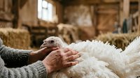 Farmer's hand touching white wool of sheep in barn with hay bales, agricultural livestock care and farming operations.