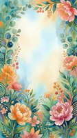 Watercolor floral frame with pink and orange peonies, eucalyptus leaves, and botanical elements on soft blue background. Isolated design for invitations, greeting cards, and social media templates.
