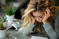 Stressed blonde woman holding head in hands at desk with paperwork and plants, experiencing work pressure and mental fatigue in modern office.
