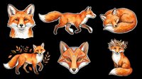 Cute watercolor fox sticker set isolated on transparent background, ready for t-shirt design, clipart, print on demand, sublimation, and stickers.