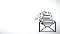 Open envelope with multiple documents and papers spilling out, black line art on white background isolated for business communication designs.