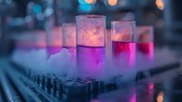 Glowing laboratory test tubes with pink liquid and dry ice vapor create mysterious atmosphere on dark background with bokeh lights and control panel.