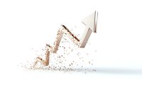 White arrow breaking through scattered brown powder particles, rising upward in dynamic motion against light background, symbolizing breakthrough and success.