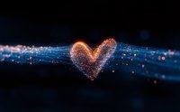 Glowing orange heart shape formed by luminous particles with streaming light trails against dark background, romantic magical effect with bokeh elements.