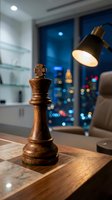 Wooden chess queen piece on desk with desk lamp and city night skyline view through window in modern office interior.