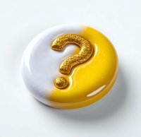 Round white and yellow glossy badge with golden glitter question mark symbol on light background, isolated design element for business concepts.