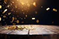 Golden confetti and glitter falling on rustic wooden surface against dark background with magical bokeh lights and festive atmosphere.