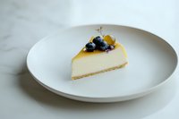 Slice of creamy cheesecake topped with fresh blueberries and mango on white plate against marble background, minimalist food photography styling.