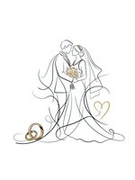 Elegant line art wedding couple embracing with golden bouquet and rings, minimalist romantic illustration for invitations and ceremony decor.