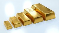 Five shiny gold bars arranged in ascending size order on white background representing wealth investment precious metals financial security banking concept.