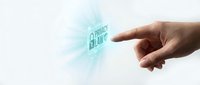 Hand touching glowing privacy law icon with padlock symbol on light background, representing data protection and cybersecurity compliance concept.