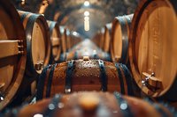 Traditional oak wine barrels in ancient cellar tunnel with atmospheric lighting, perfect for winery marketing, restaurant menus, and beverage industry designs.