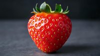 Fresh ripe strawberry with green leaves on dark background, macro shot showing detailed texture and natural pattern of red fruit surface.