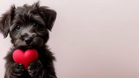 Black terrier puppy holding red heart shape against light background, Valentine's day concept for pet lovers and animal adoption campaigns.