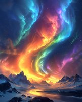 Spectacular multicolored northern lights dance above a snowy mountain landscape, creating a vibrant display of orange, blue, green and purple auroras reflecting in a peaceful winter lake at sunset.
