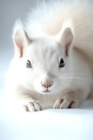 Close up portrait of white squirrel with bright eyes on light background showing curious expression and soft fur texture. Great for nature and wildlife designs.