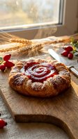 Freshly baked spiral pastry with red jam filling on wooden cutting board near window with wheat stalks and cranberries in warm kitchen setting.