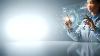 Male doctor in white coat interacting with futuristic holographic medical interface displaying digital health data and analytics for modern healthcare technology.