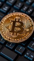 Golden cryptocurrency coin on black computer keyboard showing digital currency symbol and circuit pattern details in macro photography.