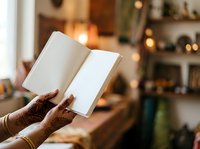 Open notebook with blank pages held by hands with dark skin tone in warm home interior setting with blurred background.