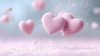 Pink fluffy hearts floating in dreamy atmosphere with sparkles and soft bokeh effect against blurred background, romantic Valentine's day concept.