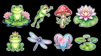 Cute cartoon frog character, jumping frog, red spotted mushroom, pink water lily flower, crowned frog prince, blue dragonfly, heart shape with water lily pads. Isolated on transparent background, ready for t-shirts, stickers, clipart, sublimation, print-on-demand designs.