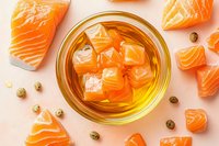 Fresh raw salmon pieces and capers scattered around glass of whiskey with ice cubes on pink background, top view. Creative food photography concept.