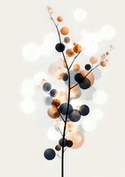 Minimalist botanical art with black branch silhouette and abstract orange, grey and black circles on light background. Elegant modern wall decor design.