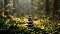 Zen stone stack balanced on moss in peaceful forest setting with soft natural lighting for meditation and mindfulness concepts.