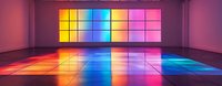 Empty modern gallery interior with colorful rainbow light installation reflecting on glossy floor, panoramic view of contemporary art exhibition space.