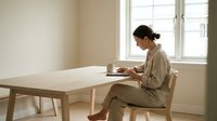 Young Asian woman in beige outfit working on laptop at minimalist wooden desk in bright modern home office with natural window light for remote work.